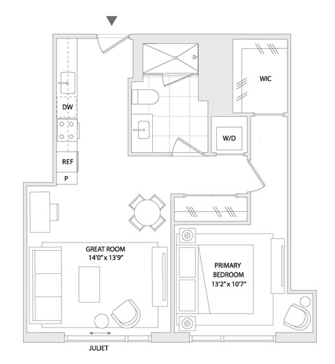 Floor plan for 1 bed, 1 bath, 731 sqft